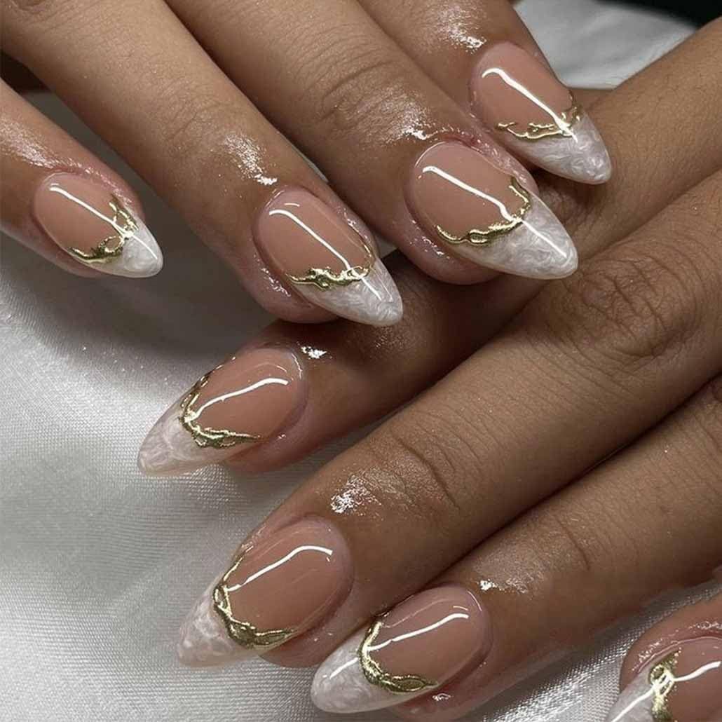 Foccna French Tip Press on Nails Almond Press on Nails Short, Acrylic Fake Nails Nude 3D Design Nails Clear False Nail Tips,24pcs