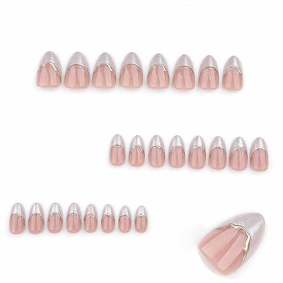 Foccna French Tip Press on Nails Almond Press on Nails Short, Acrylic Fake Nails Nude 3D Design Nails Clear False Nail Tips,24pcs