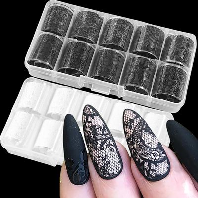 SILPECWEE 20 Rolls Lace Nail Transfer Foil - White and Black Flower Nail Art Decals, Holographic Stickers for DIY Acrylic Nails Manicure Decoration