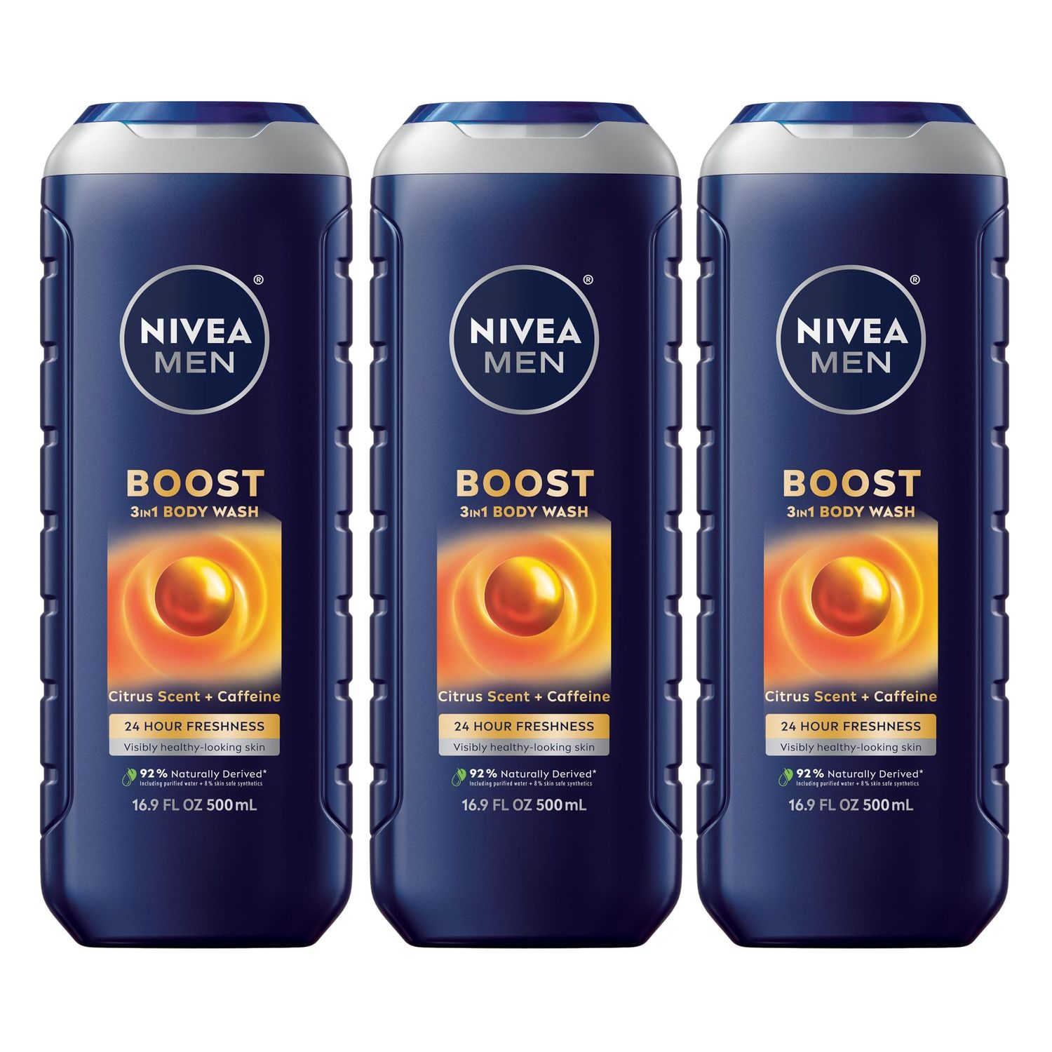 NIVEA MEN Boost Body Wash, Citrus Scent and Caffeine Enriched, 3-in-1 Mens Body Wash, Face and Hair, Paraben Free, Vegan Formula, 16.9 Fl Oz Bottle, Pack of 3
