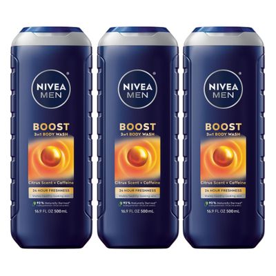 NIVEA MEN Boost Body Wash, Citrus Scent and Caffeine Enriched, 3-in-1 Mens Body Wash, Face and Hair, Paraben Free, Vegan Formula, 16.9 Fl Oz Bottle, Pack of 3