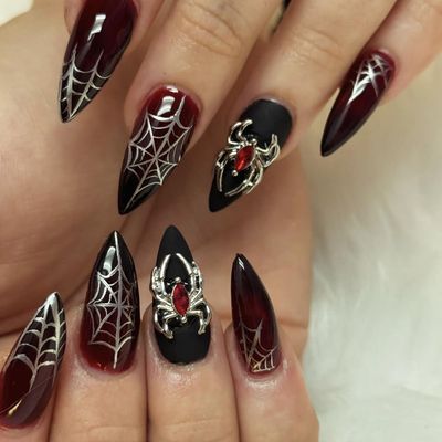 Halloween Press on Nails Medium Almond MABKJLF Spider Charms Fake Nails Red Gradient False Nails with Spider Web Designs Black Matte Acrylic Nails Glossy Glue on Nails for Women Girls 24 Pcs