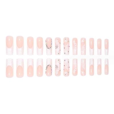 Foccna White Press on Nails Artificail Extra Long, French Square Fake Nails Crystal Flowers Nails Acrylic Full Cover Long Fake Nails with Design Nail Tips for Women&Girls,24PCS