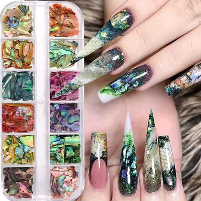 12Grids Nail Art Aurora Abalone Shell Flakes, Shiny Irregular Sea Shell 3D Charms Summer Slices Holographic Nail Art Sequins Natural Sea Shells Nail Glitters Manicure Paillette Tip Decor Accessories