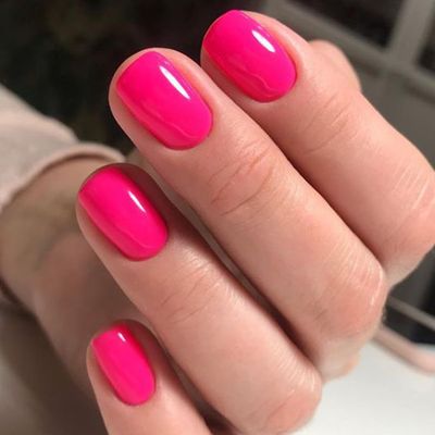 GLAMERMAID Press on Nails Extra Short Squoval, Spring Summer Handmade Neon Hot Pink Jelly Gel Glue on Nails, 24Pcs Glossy Round Reusable UV Finish Fake Nails Acrylic False Nails Manicure Kit for Women