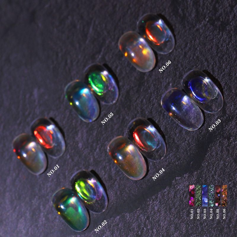 Ice Transparent Aurora Nail Powder Neon Rainbow Holographic Chameleon Powder Multi Chrome Iridescent Pigment Pearlescent Nail Art Glitters (6 Boxes Transparent)