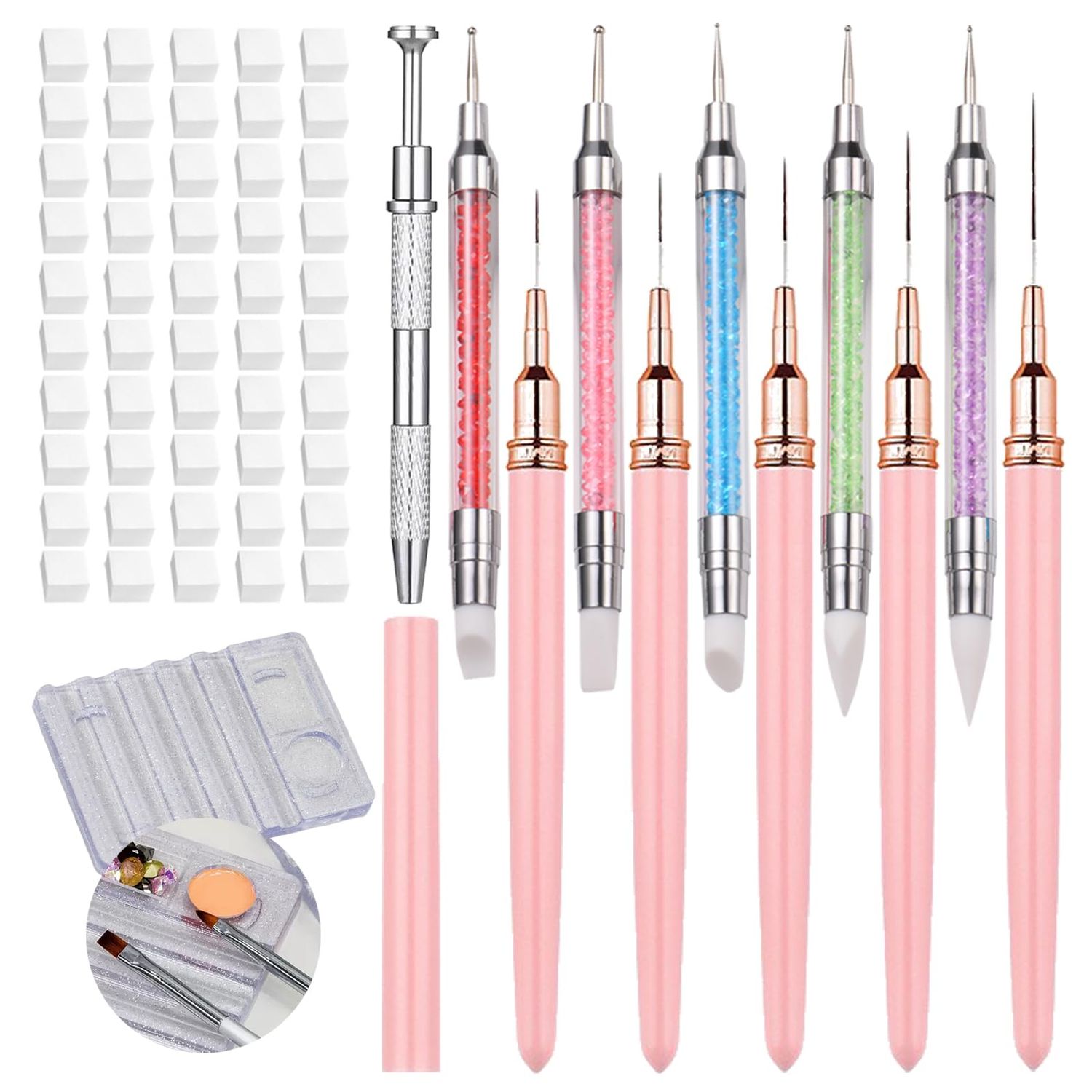 62 Pcs Nail Art Brushes Set,5 Pcs Striping Liner Brush,5 Pcs Dual Tipped Silicone Dotting Sculpture Pen,50 Pcs Nail Sponges for Ombre with Grabbing Pen,Mixing Palette Pen Holder