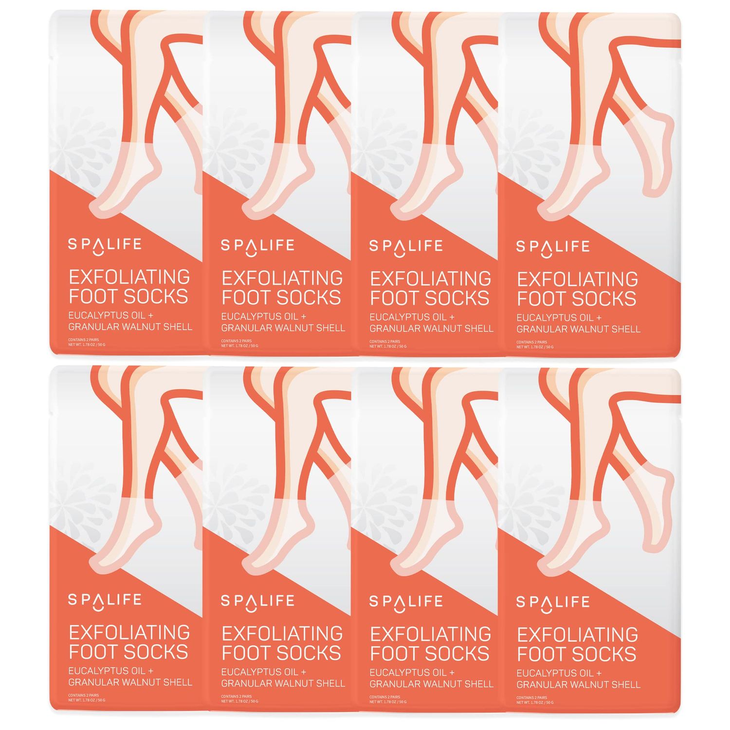 SpaLife Exfoliating Foot Socks - Eucalyptus Oil Granular Walnut Shell 8 pack