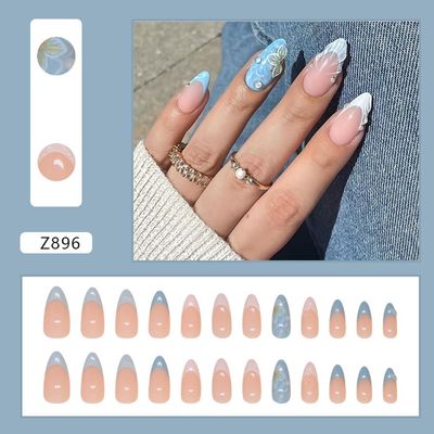 Blue White French Tip Press on Nails Medium Almond - Summer Blue Fake Nails Nude Pink False Nails Press ons Full Cover Nail Tips with Shell Waves Design Acrylic Nail Kit for Women 24 Pcs