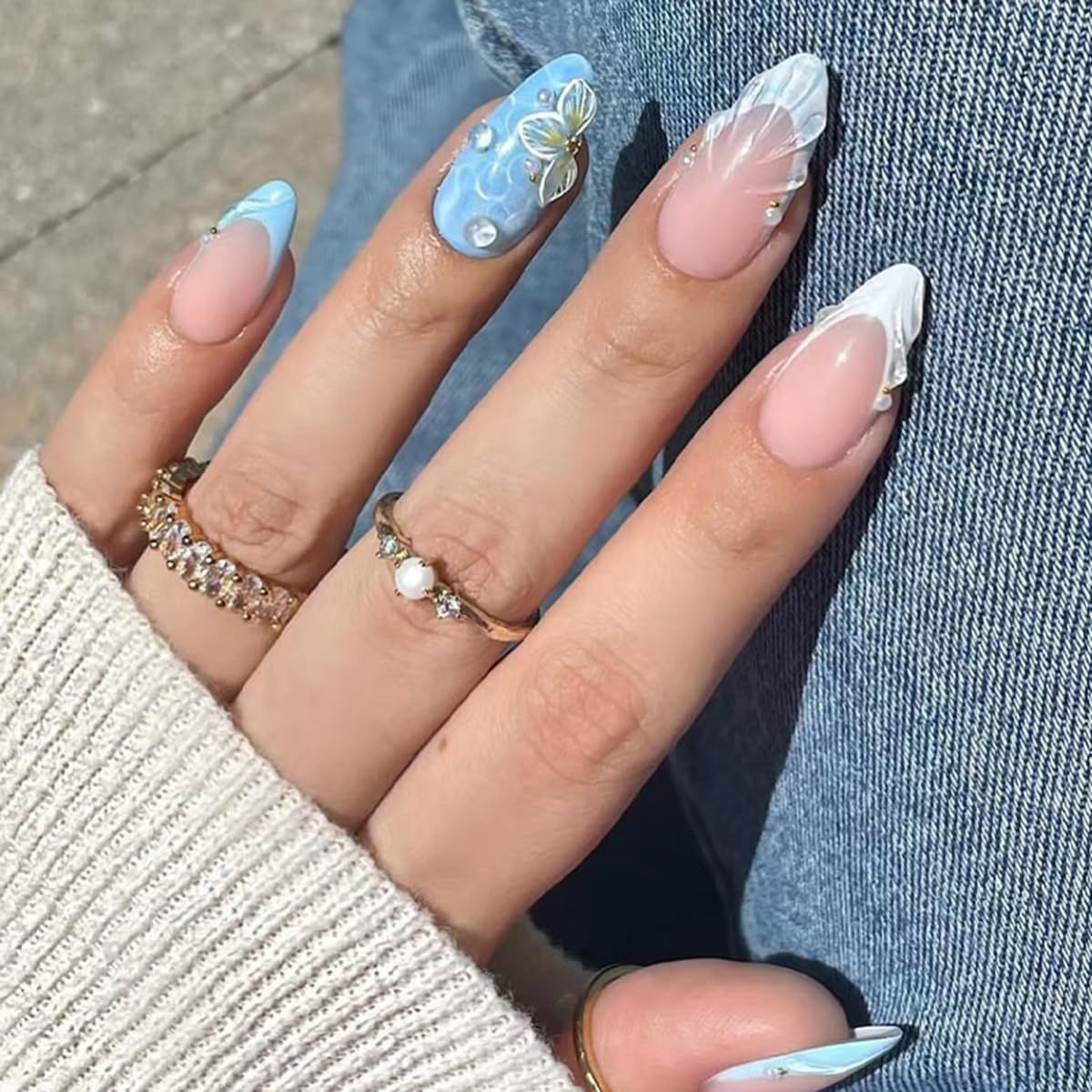Blue White French Tip Press on Nails Medium Almond - Summer Blue Fake Nails Nude Pink False Nails Press ons Full Cover Nail Tips with Shell Waves Design Acrylic Nail Kit for Women 24 Pcs