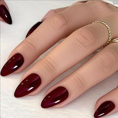GLAMERMAID Dark Red Press on Nails Medium Almond, Handmade Jelly Soft Gel Deep Red Glue on Nails Stiletto, Burgundy Gothic Fake Nails Set, Reusable Acrylic Stick on False Nails Manicure Kit for Women