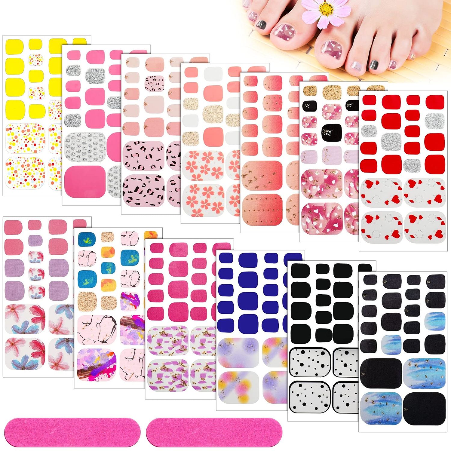 308 Pieces 14 Sheets Full Toe Wraps Adhesive Toenail Wraps Polish Stickers Adhesive Toe Nail DIY Glitter Manicure Decals with 2 Pieces Nail Files (Art Style)