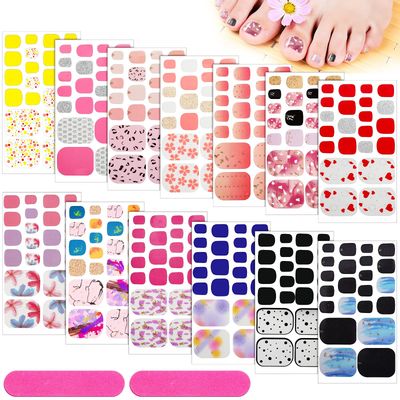 308 Pieces 14 Sheets Full Toe Wraps Adhesive Toenail Wraps Polish Stickers Adhesive Toe Nail DIY Glitter Manicure Decals with 2 Pieces Nail Files (Art Style)
