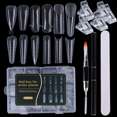 Polygel Extension Nail Forms Kit - 288pcs Dual Molds Clear Nail Forms 12 Types Acrylic Forms with 5pcs Nail Clips Gel Brushes Files for Builder Gel Manicure Nail Art Design DIY Salon