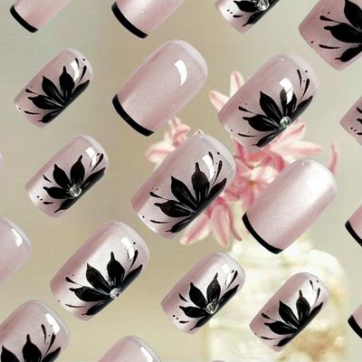 Winter Flower Press on Nails Black French False Nails Glossy Pink Cat Eye Acrylic Fake Nails 24Pcs Rhinestones Gel Glue on Nails for Manicure Flower Stick on Medium Square Nail for Coquette Women Girl