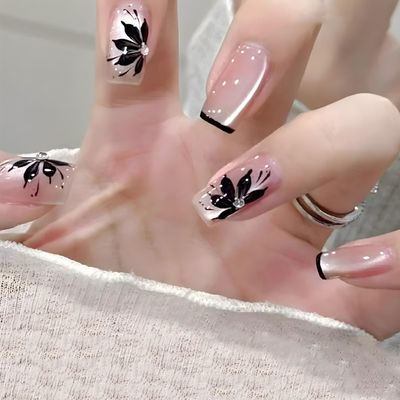 Winter Flower Press on Nails Black French False Nails Glossy Pink Cat Eye Acrylic Fake Nails 24Pcs Rhinestones Gel Glue on Nails for Manicure Flower Stick on Medium Square Nail for Coquette Women Girl
