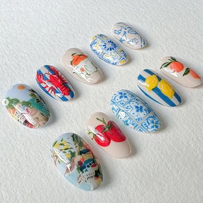 RIICFDD Holiday Nails Almond Press on Nails Short Fake Nails Fruit Acrylic Nails Shrimp Nails Press ons with Blue White Stripe Design Full Cover Glossy Glue on Nails for Women Artificial Nails 24 Pcs