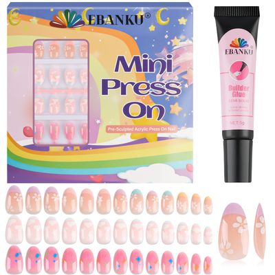 78 Pieces Press on Nails for Kids, EBANKU 3 Pack Kid Fake Pink Star Flower Short Artificial False Nail Kits for Kids Girls 6-12 Years with Nail Glue