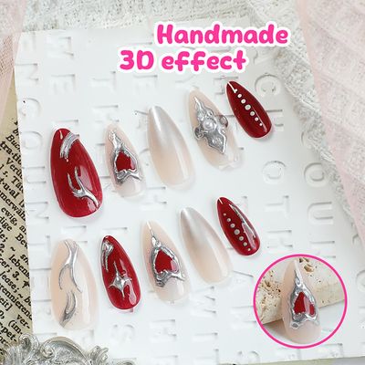 3D Handmade Love Heart Press on Nails Almond Shaped Pearl Rhinestones Design Valentines Acrylic Nails Medium Full Cover Coffin Nails Artificial Stick on Nails Glue on Nails for Women 24Pcs