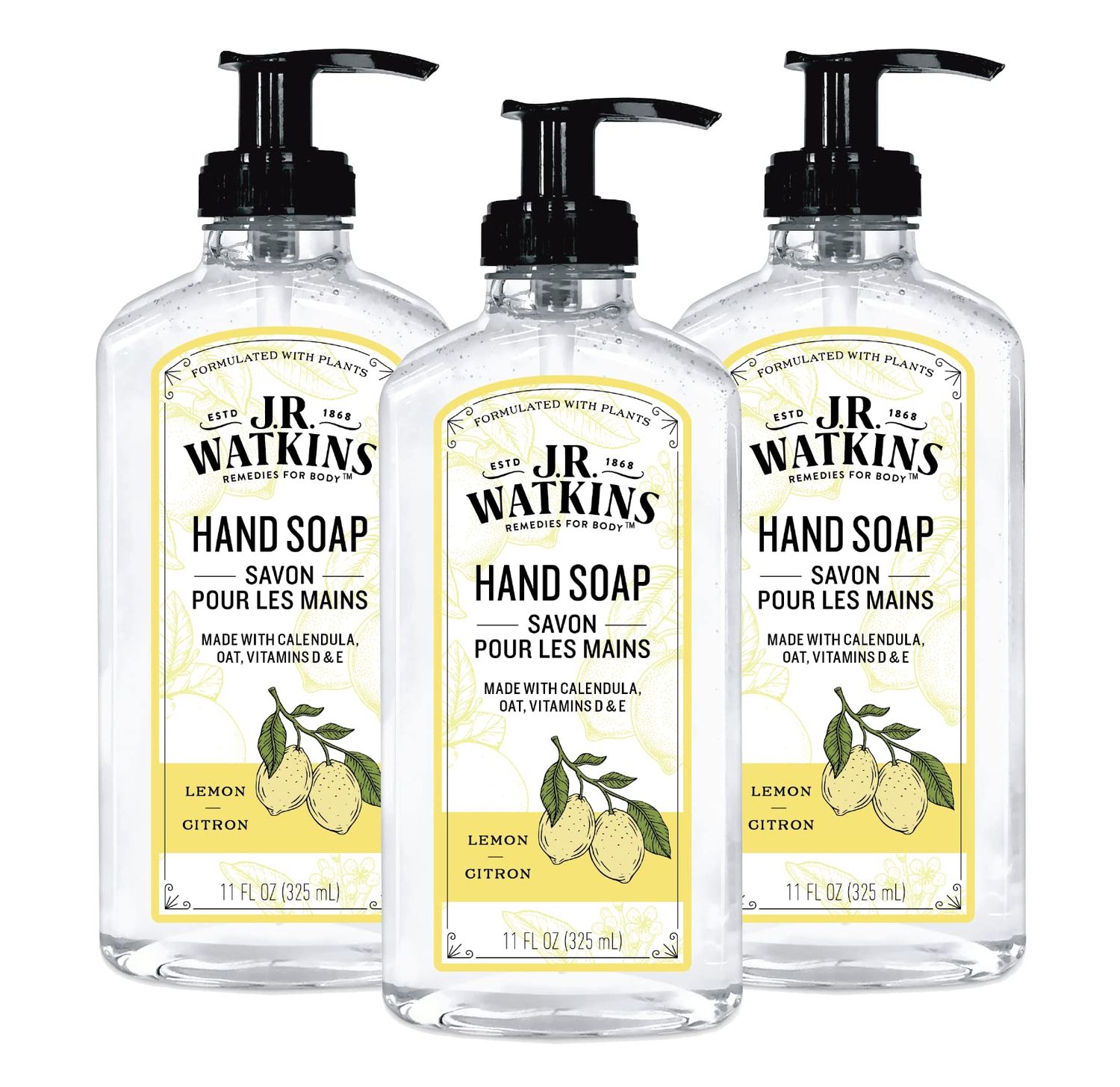 J.R. Watkins Liquid Hand Soap With Dispenser, Moisturizing Hand Soap, Alcohol-Free, Cruelty-Free, Use For Bathroom or Kitchen, Lemon, 11 Fl Oz, 3 Pack
