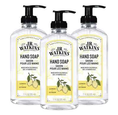 J.R. Watkins Liquid Hand Soap With Dispenser, Moisturizing Hand Soap, Alcohol-Free, Cruelty-Free, Use For Bathroom or Kitchen, Lemon, 11 Fl Oz, 3 Pack