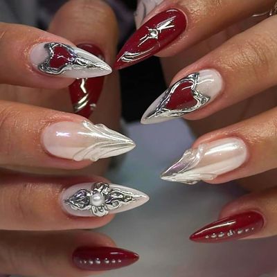 3D Handmade Love Heart Press on Nails Almond Shaped Pearl Rhinestones Design Valentines Acrylic Nails Medium Full Cover Coffin Nails Artificial Stick on Nails Glue on Nails for Women 24Pcs