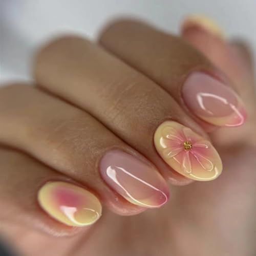 Press on Nails Short Almond SWEKKE French Tip Fake Nails False Nails with Designs 3D Flower Yellow &amp; Pink Stick on Nails Glossy Glue on Nails Acrylic Nails for Women Girls 24 Pcs