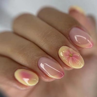 Press on Nails Short Almond SWEKKE French Tip Fake Nails False Nails with Designs 3D Flower Yellow &amp; Pink Stick on Nails Glossy Glue on Nails Acrylic Nails for Women Girls 24 Pcs