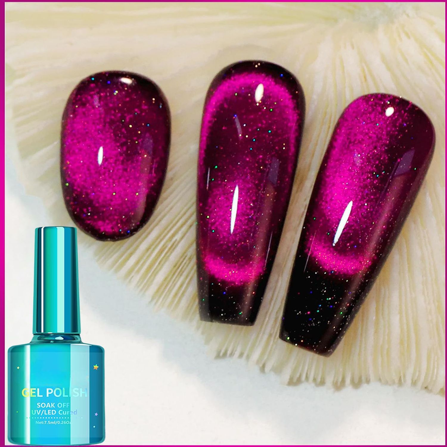 Hot Pink Cat Eye Gel Polish - Magnetic Diamond Glitter, Cateye Gel for Nail Art