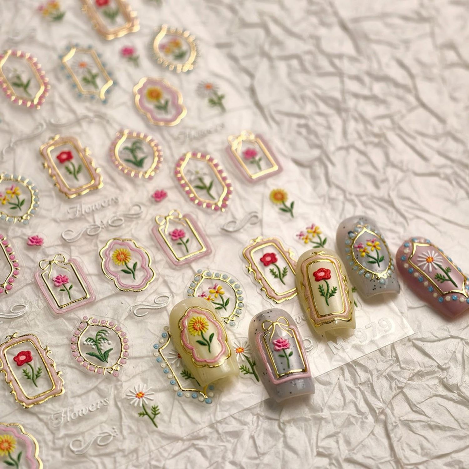 Tulip Nail Art Sticker Decals Flower Nail Stickers Golden with Design Self Adhesive Nail Decals 5D Embossed with Design Spring Summer Manicure DIY Supply Decoration Accessories for Women