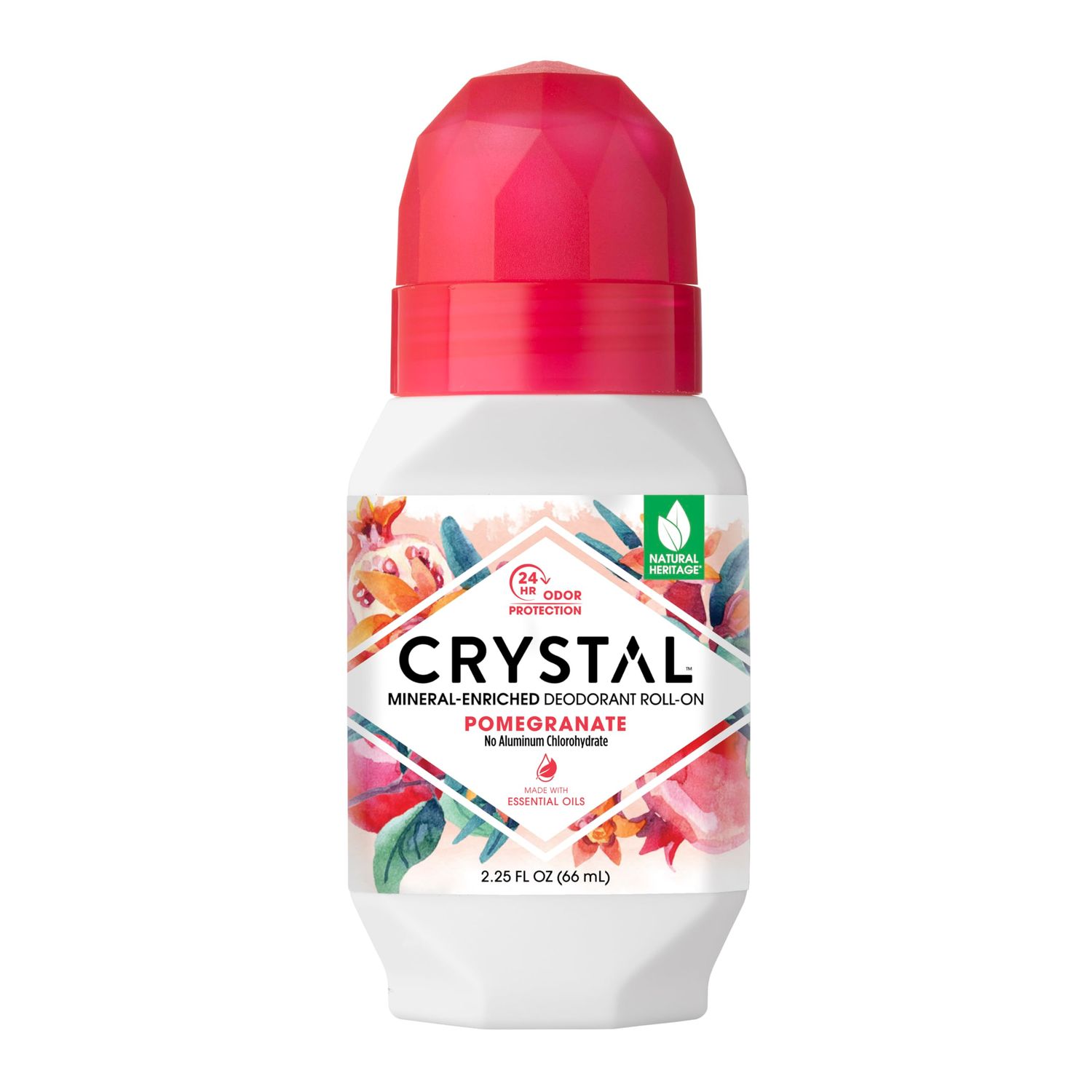 Crystal Mineral Deodorant Roll-On Body Deodorant With 24-Hour Odor Protection, Pomegranate, Non-Sticky Roll-On, No Aluminum Chlorohydrate, 2.25 FL OZ - 1 pack