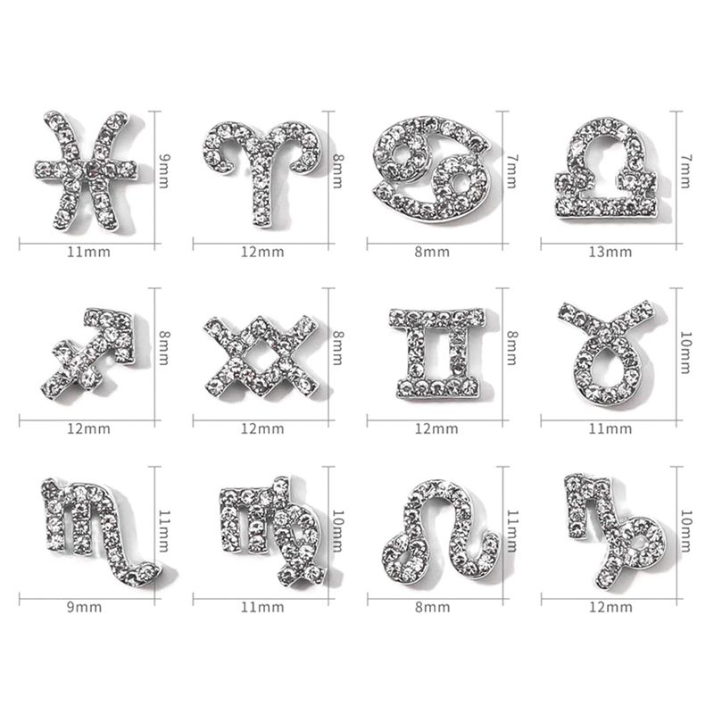 XEAOHESY 48 Pieces Gold and Silver Alloy Zodiac Nail Charms Zodiac Signs Nail Studs Constellation Words Charms for Nails Twelve Constellation Nail Charms Set for Women Girls Nail Art Decoration