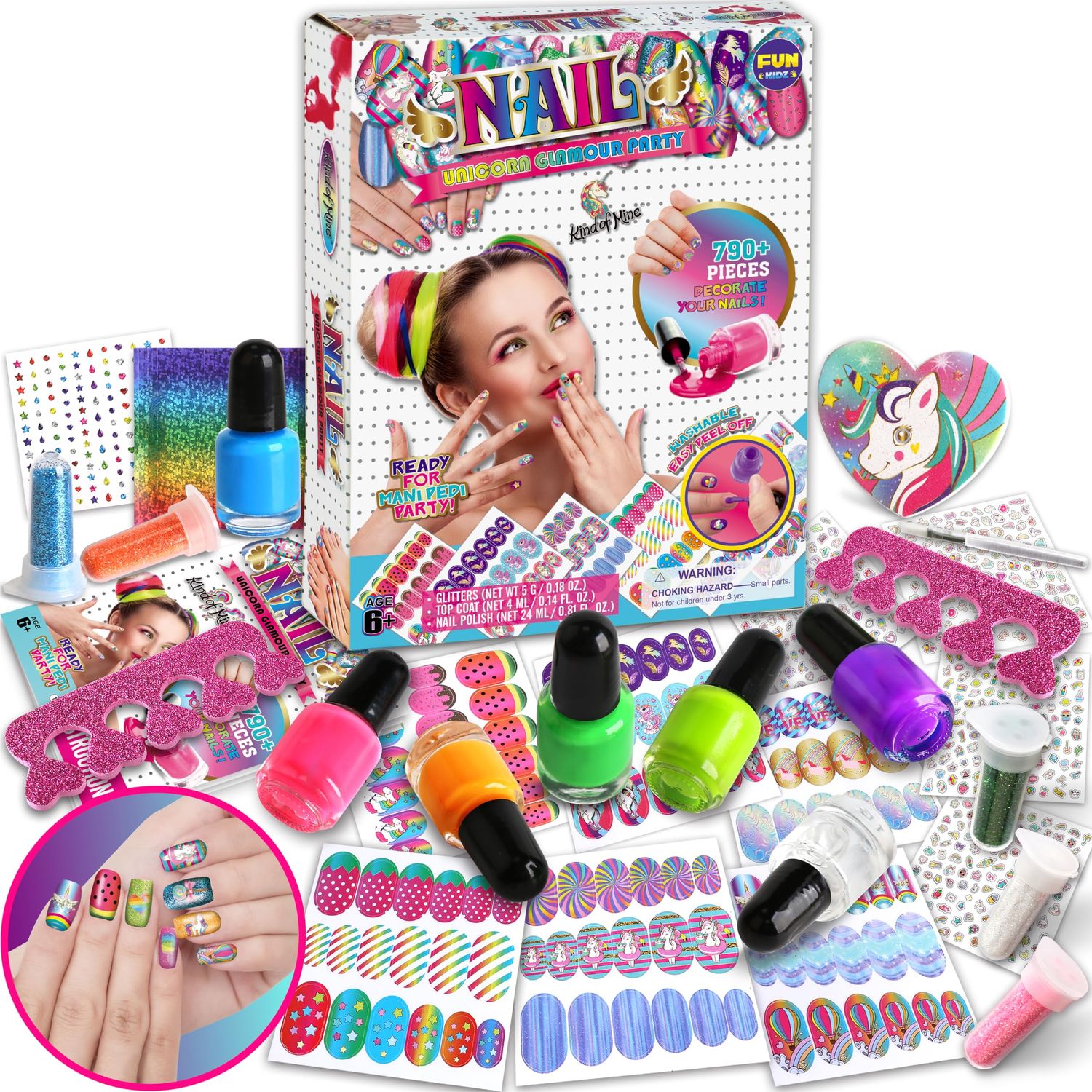 Toy Unicorn Nail Art for Girl 7-12, FunKidz Size 17.91Wx12.4L Ultimate Glamour Peelable Nail Polish Kit for Kids Fingernail Set Party Gifts