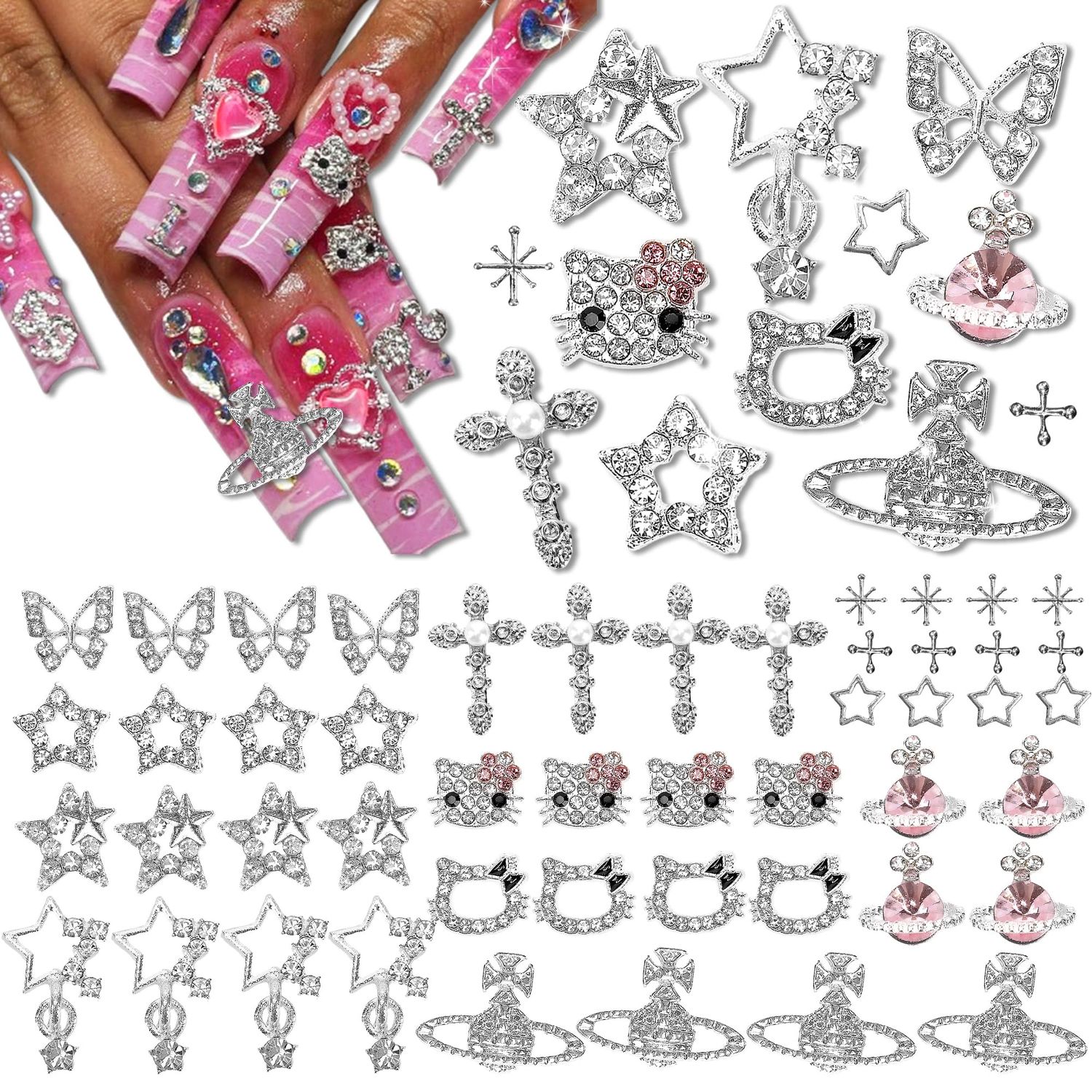 Namifin 48PCS Y2K Nail Charms and Gems 3D Silver Star Butterfly Planet Corss Nail Charms for Acrylic Nails Design Kawaii Nail Jewels for Nail Art