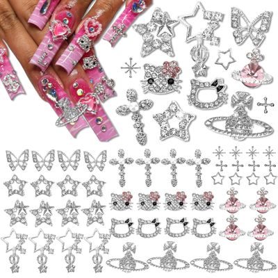 Namifin 48PCS Y2K Nail Charms and Gems 3D Silver Star Butterfly Planet Corss Nail Charms for Acrylic Nails Design Kawaii Nail Jewels for Nail Art