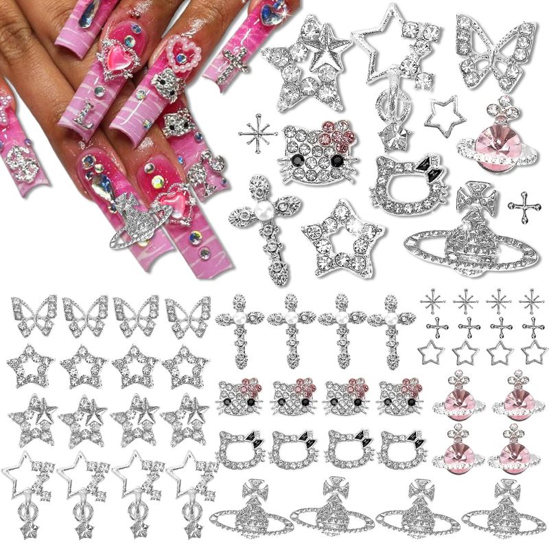 Namifin 48PCS Y2K Nail Charms and Gems 3D Silver Star Butterfly Planet Corss Nail Charms for Acrylic Nails Design Kawaii Nail Jewels for Nail Art