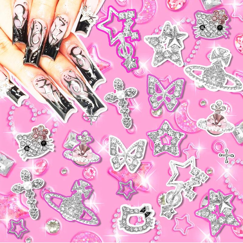 Namifin 48PCS Y2K Nail Charms and Gems 3D Silver Star Butterfly Planet Corss Nail Charms for Acrylic Nails Design Kawaii Nail Jewels for Nail Art