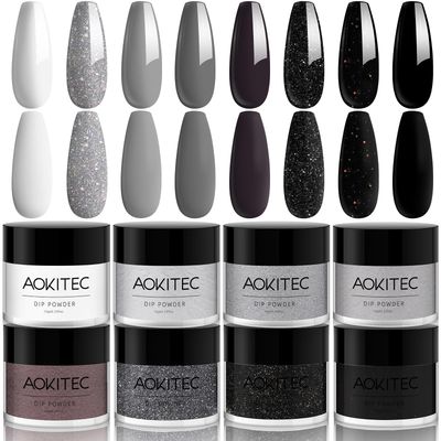 Aokitec 8 Colors Dip Powder Nail Set, Gray Classic White Black Collection Glitter Pastel Dipping Powder Manicure Starter Kit for French Nail Art Salon Home DIY Ideal Gifts for Women