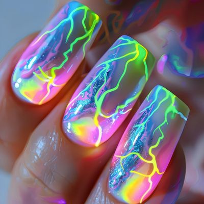 24 Pcs Press on Nails Medium Length Square Shaped False Nails Aurora Green Lightning Design Glitter False Nails Full Cover Sparkly Acrylic Nails Stick on Nails for Women Nails Manicure Decoration