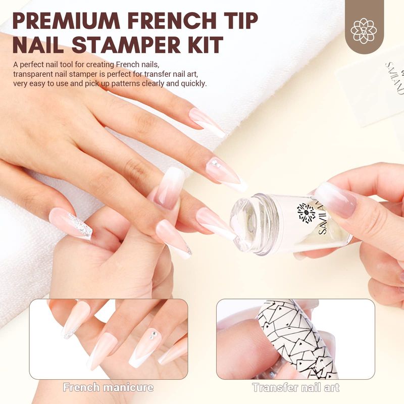 Saviland French Tip Stamp: 14PCS French Tip Tool with Replaceable Nail Stamp Head, Clear Silicone Nail Stamper with Scrapers for French Manicure Home DIY Nails Art Salon