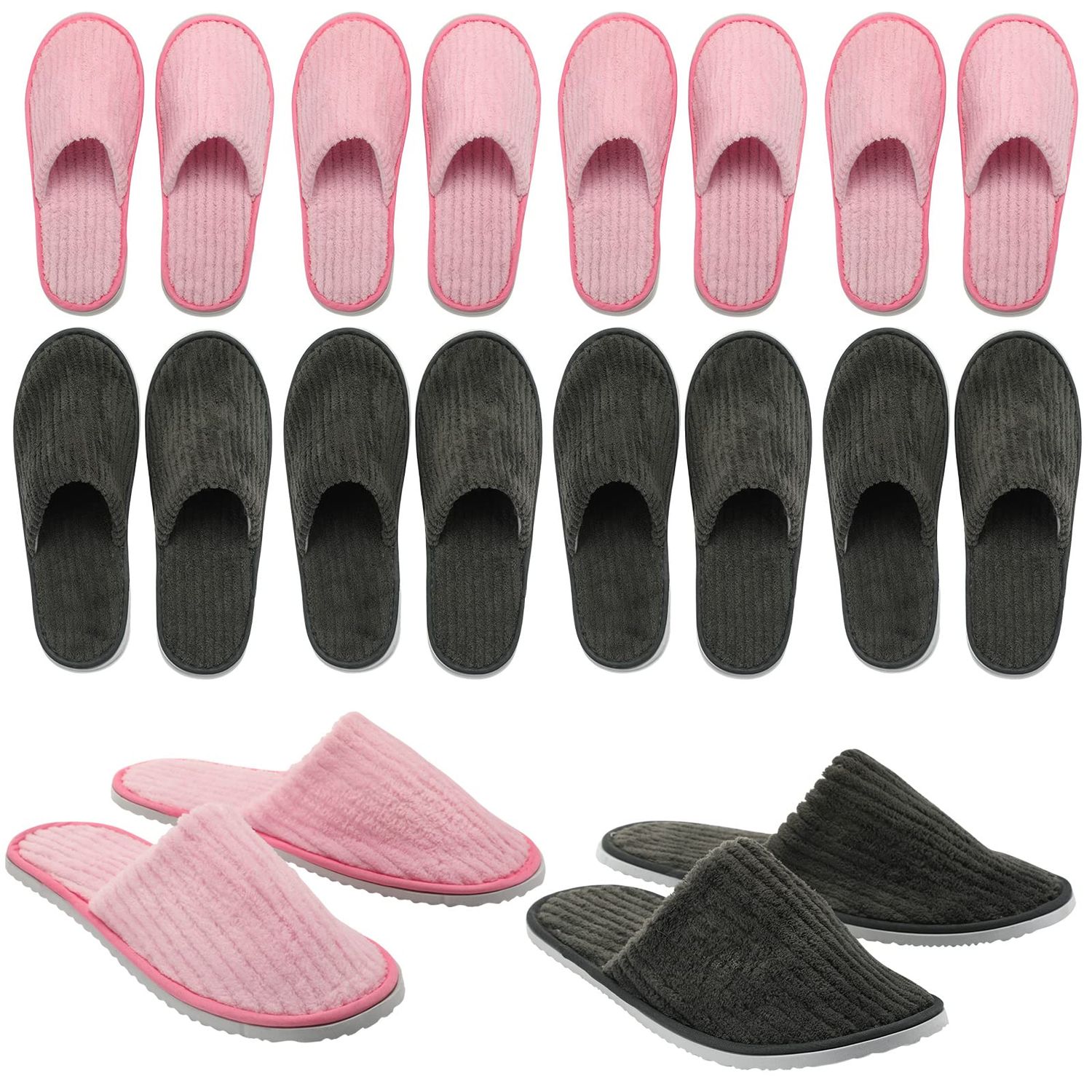 Zhehao 10 Pairs Washable House Slippers for Guests Open Toe Spa Slippers Women Men Soft Disposable Cotton Linen Hotel Bulk Non Slip Breathable for Indoor Travel Bedroom Party(Pink, Gray)