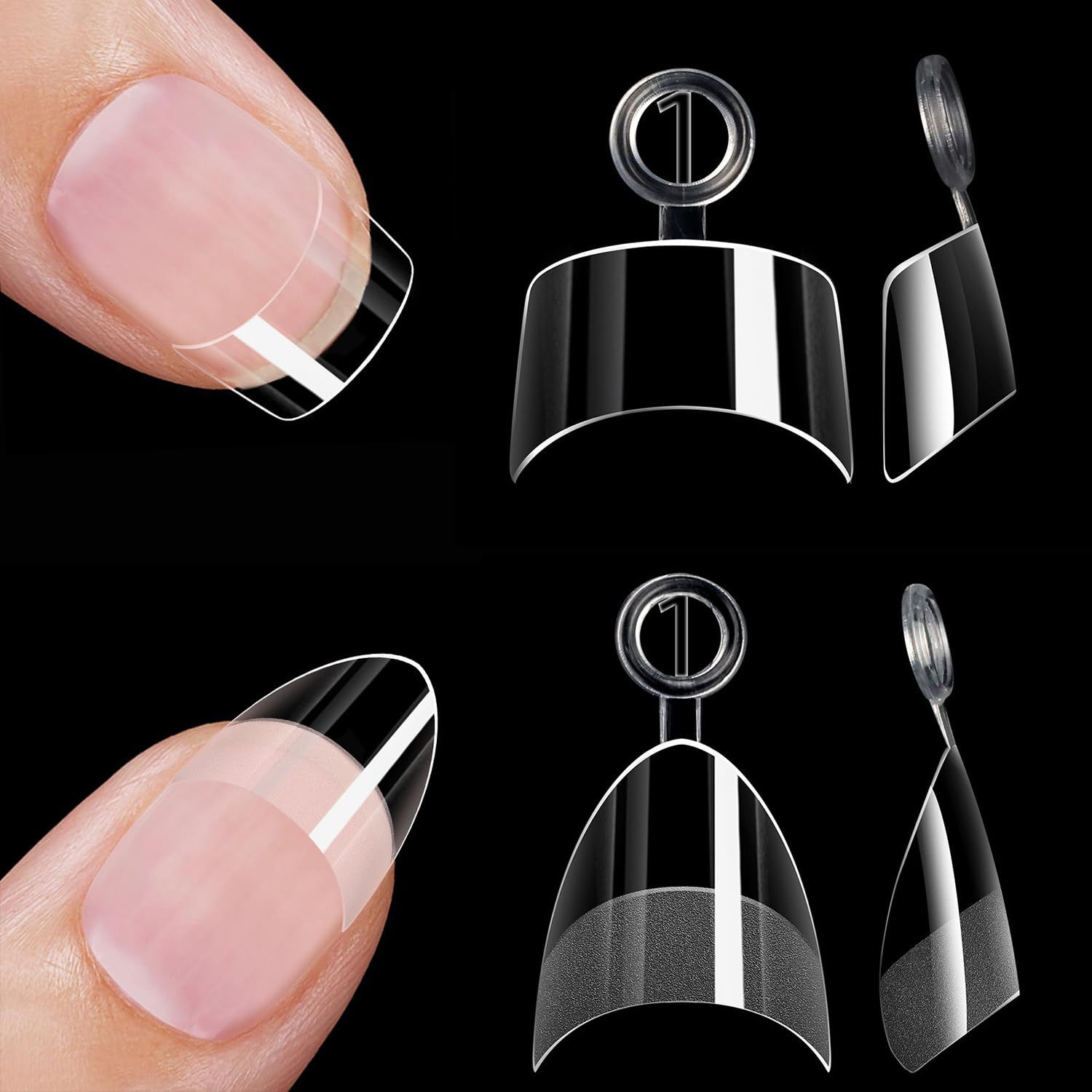 HWHUNO 480Pcs Extra Short Half Cover Almond &amp;Tapered Square Nail Tips Gel x Clear Set,2 Shape Pre Shape XXS for Manicure Art Home DIY Salon 12Sizes