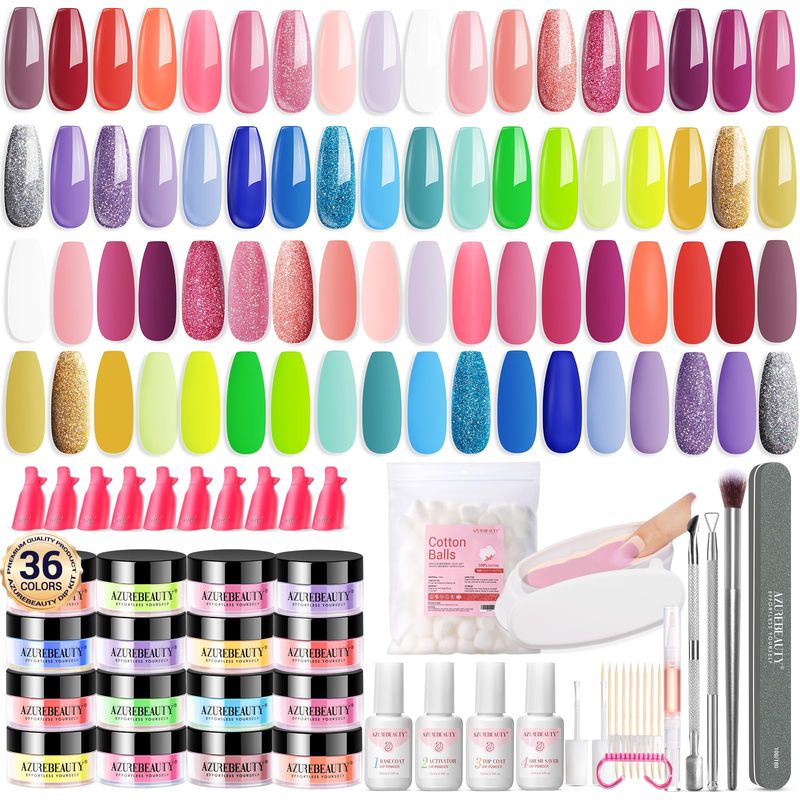 AZUREBEAUTY 170Pcs Dip Powder Nail Kit, 36 Color Neon Bright Blue Yellow with Dipping Powder Base/top Coat Activator Liquid Set &amp; Removel Kit for French Nail Art Salon DIY Home