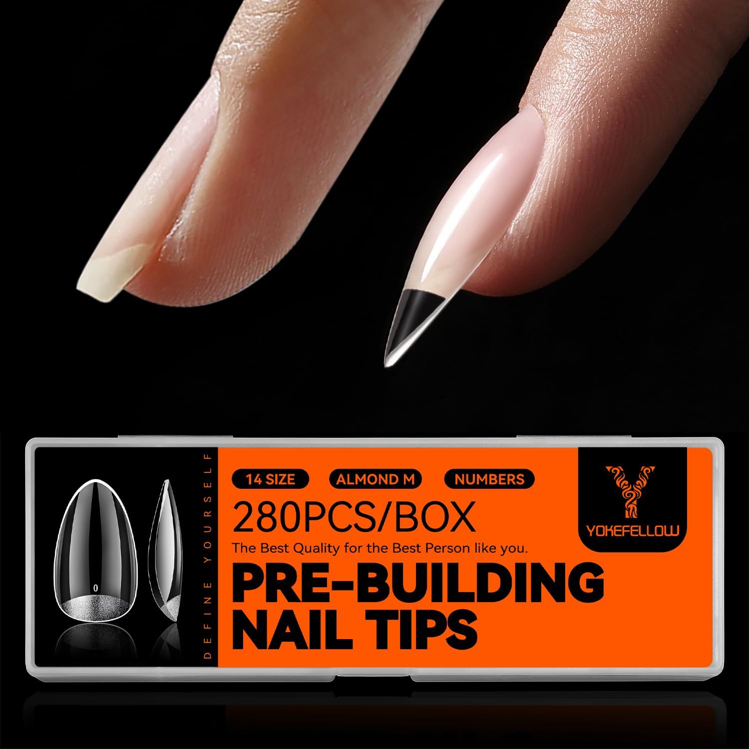 YOKEFELLOW Almond Nail Tips - 280Pcs Tipex Instant Apex Nail Tips Rear Edge Pre-Etched 14 Sizes Crafted with a High Apex and Seamless Extension Acrylic Nails Kit Press on Nails DIY Salon