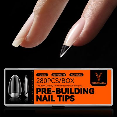 YOKEFELLOW Almond Nail Tips - 280Pcs Tipex Instant Apex Nail Tips Rear Edge Pre-Etched 14 Sizes Crafted with a High Apex and Seamless Extension Acrylic Nails Kit Press on Nails DIY Salon