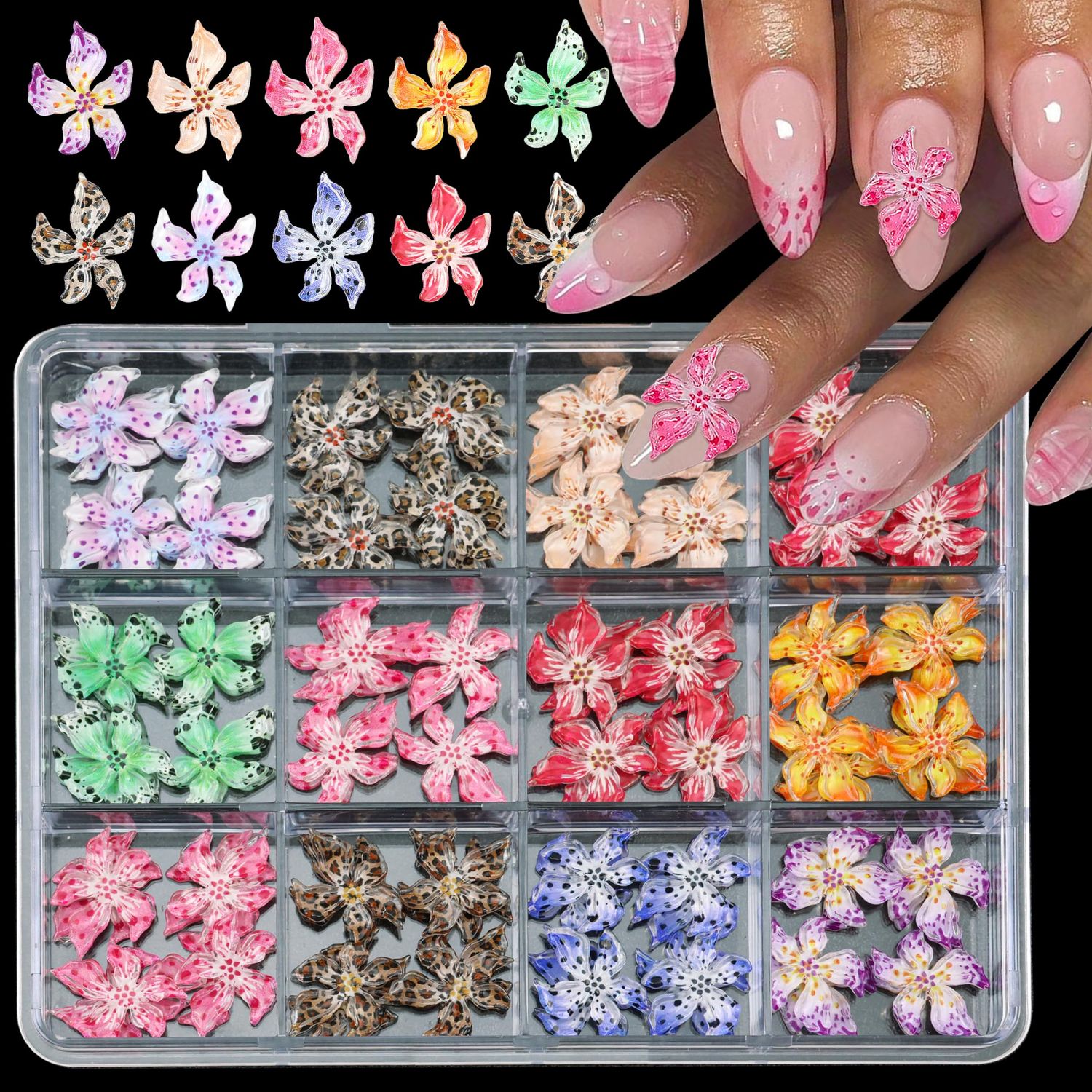VOTACOS 3D Nail Charms for Nail Art 96pcs 10 Color Nail Rhinestone Design DIY Adjustable Chic Acrylic Soft Lily Flower Charms for 3D Flower Nail Gems