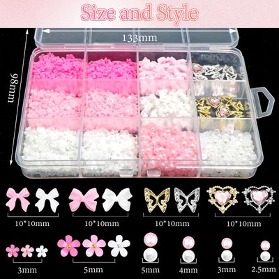 BELICEY 1000PCS Flowers Nail Charms 3D Alloy Butterfly Bow Charms for Nails Pink&White Star Heart Moon Pearls Beads Cute Nail Jewels for Nail Art DIY Crafts with Picker Pencil and Tweezer