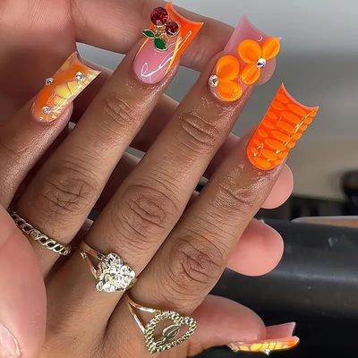 RIICFDD Duck Nail Tips Duck Nails Press on Long Fake Nails Orange French Tip Nails Flower Cherry Rhinestone Nail Charms Full Cover Duck Feet Style False Nails for Women Girls 24 Pcs