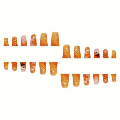 RIICFDD Duck Nail Tips Duck Nails Press on Long Fake Nails Orange French Tip Nails Flower Cherry Rhinestone Nail Charms Full Cover Duck Feet Style False Nails for Women Girls 24 Pcs