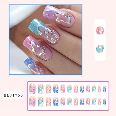 Vezocim Acrylic Square False Nails Sets, 24Pcs Pink Gradient Press on Nails Medium Coffin with Gold White Line Designs, Glossy Full Cover Artificial Fake Nails Glue Fingernails with Charm for Women